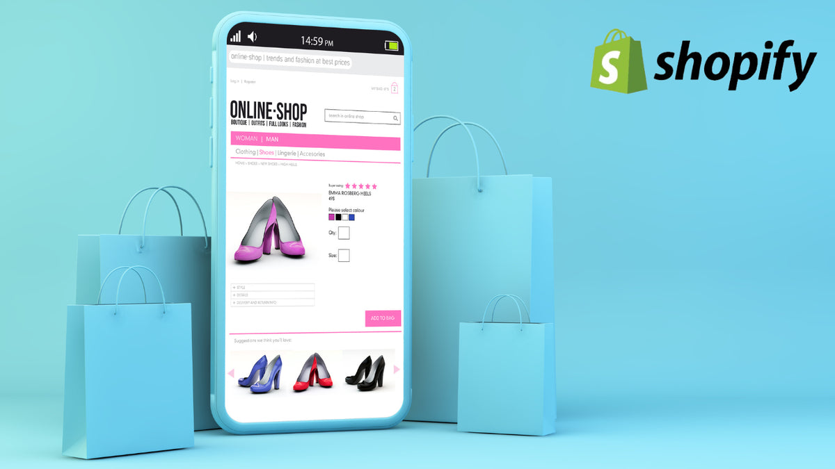 Puhelin ja ostoksia kuvaava kuvitus – verkkokaupan luotettavuus asiakkaan näkökulmasta