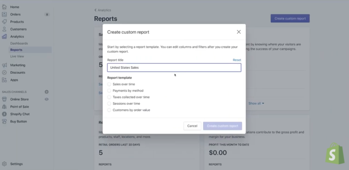 how to create custom reports on shopify